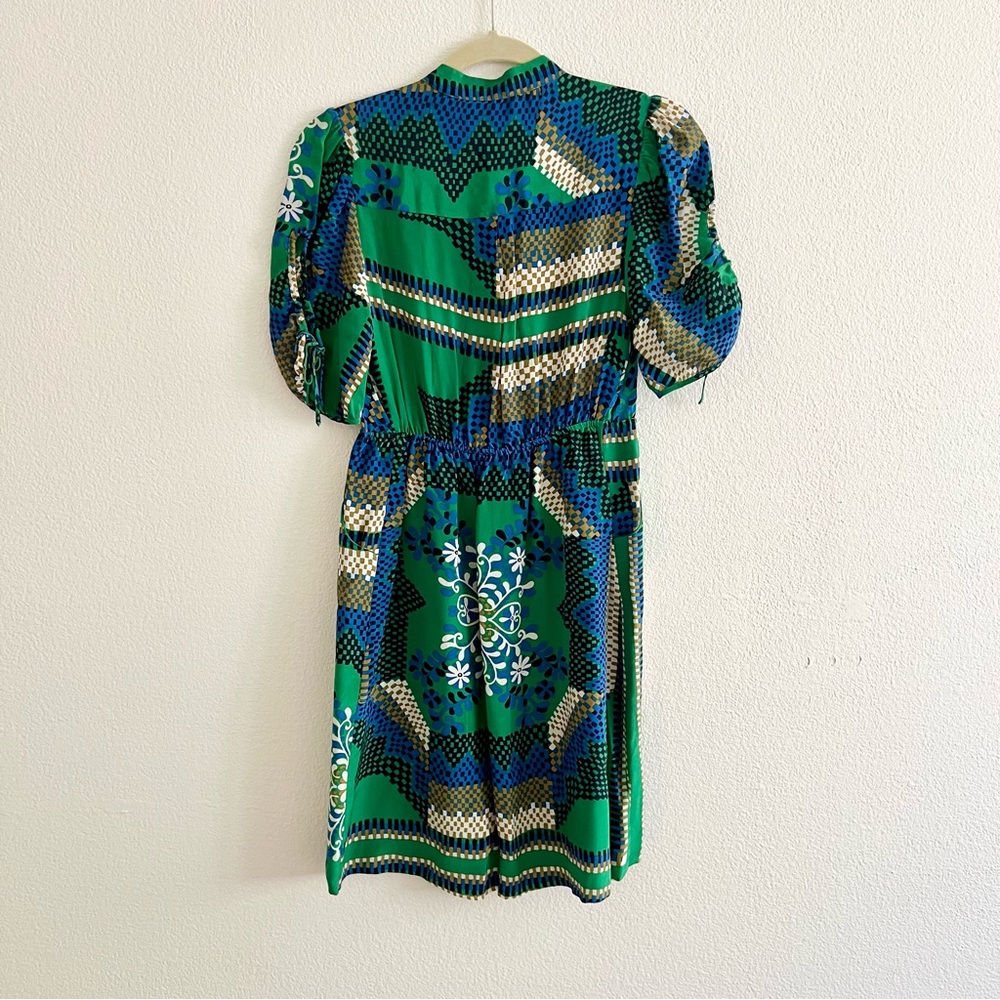 Anthropologie- Moulinette Soeurs Vibrant Green Blue Puff Sleeve Dress- Size 2 - Picture 3 of 8